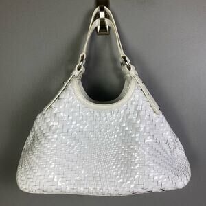 Cole Haan hobo bag‎ woven white wicker patent leather mobwife carryall summer